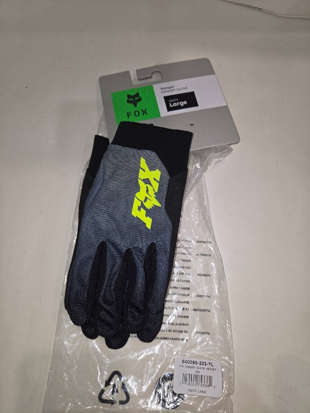 Fox Youth Ranger Full Finger Cycling Glove Size Youth L New w/tags Retail $34.95